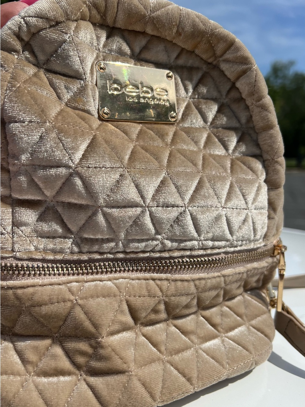 bebe Quilted Velvet Mini Backpack - Taupe with Gold Hardware